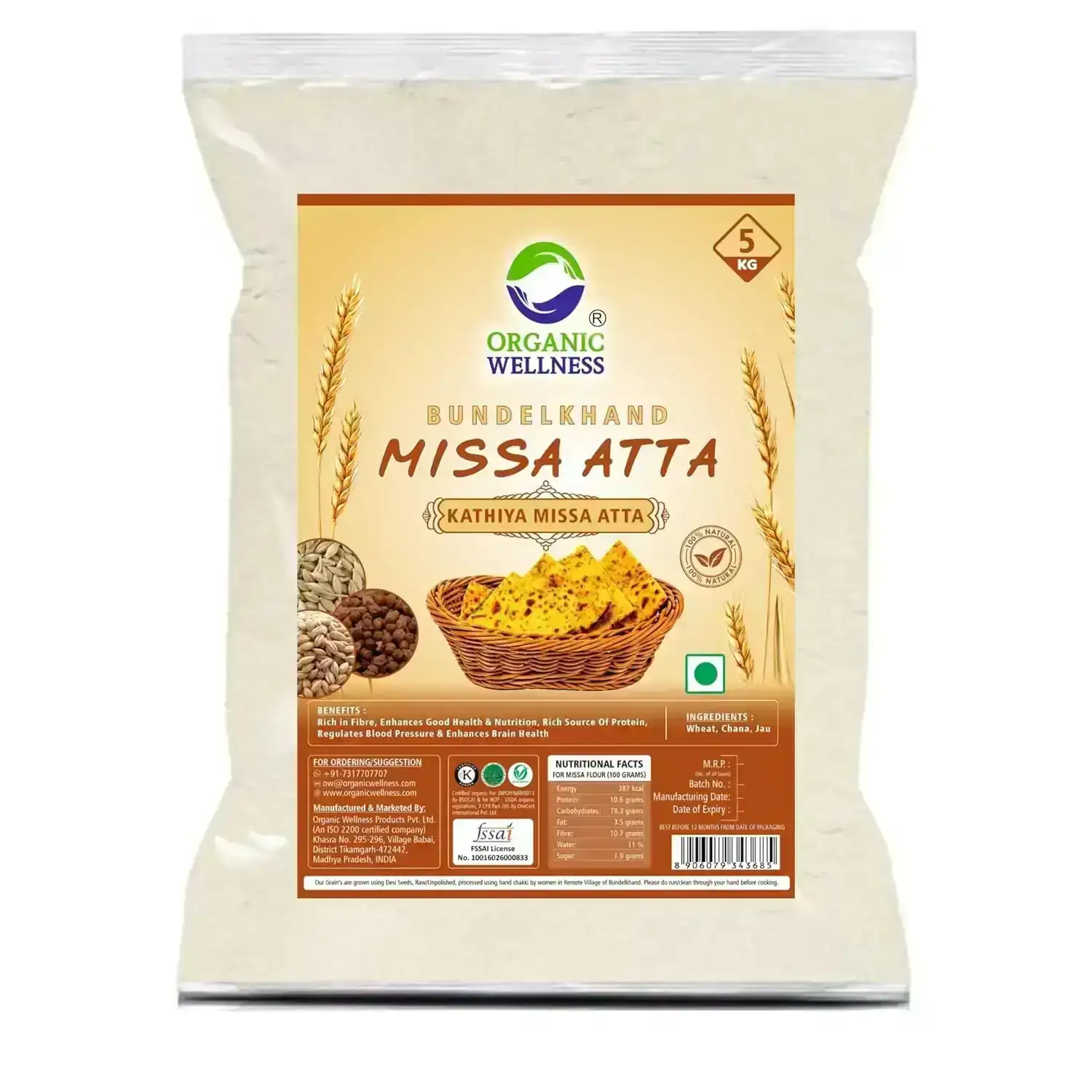 Organic Wellness Bundelkhand 5 kg Missa Atta II Missi Flour II High Protein | High Fiber | Low Gluten, & Diabetic Friendly | Chakki Atta